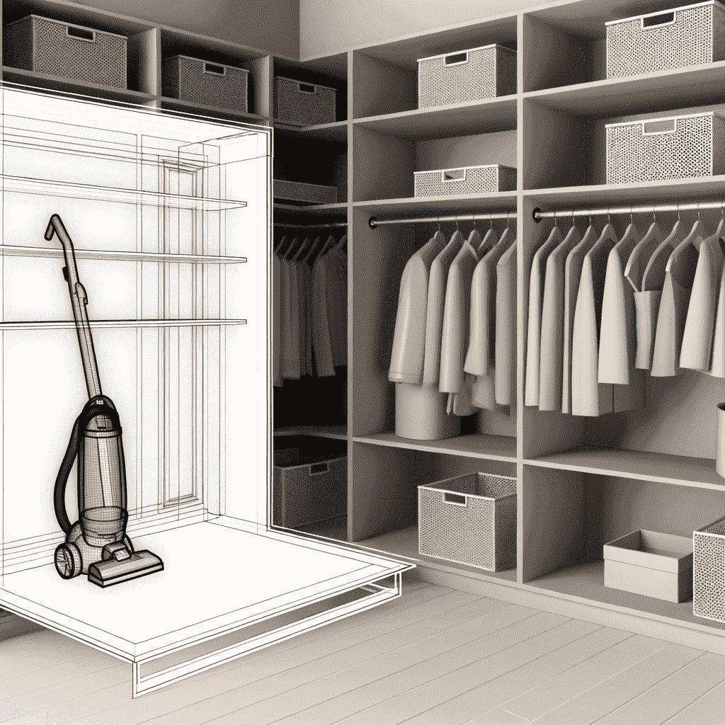 Место для пылесоса 
Идеальное решение для хранения пылесоса в гардеробной: съемные сотовые полки и корзины от компании XYZ - гарантия 100% качества!
