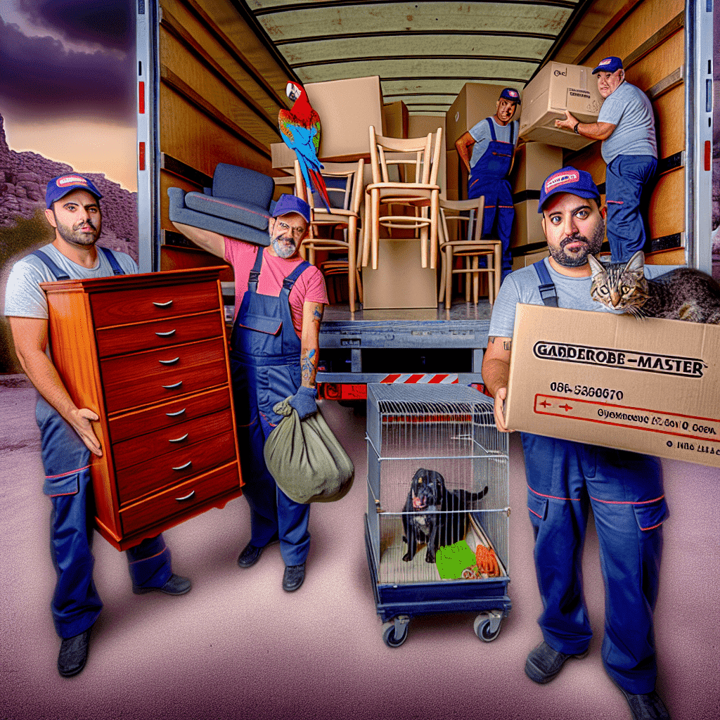 переезд в другую квартиру. мужчины в форме грузчиков перевозят мебель: 3 шкафа, 2 кресла, 4 стула, 5 коробок с вещами , домашний кот в сумке переноске, попугай какаду в клетке. Все грузят большой грузовик с высокими бортами с большой надписью 