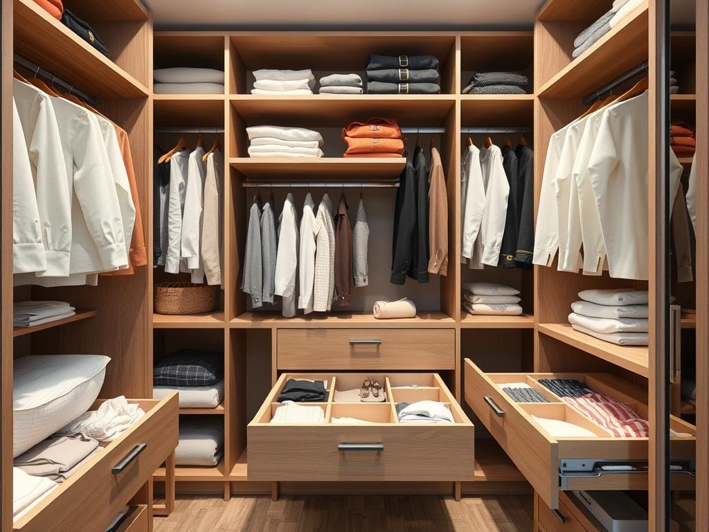 Гардеробная, Нижнее бельё делите по категориям, храните в ящиках с разделителями.. Как выглядят современные решения для гардеробных в Москве