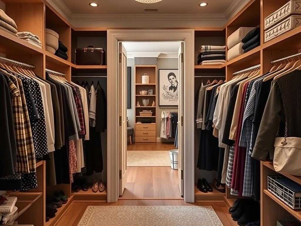 Гардеробная, в ней Вещи, к которым удобно тянуться — используются чаще. Двери в гардеробную и атмосфера уюта