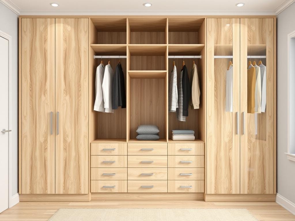 Гардеробная, Размеры шкафа: учёт ЛДСП 28002070 мм, важны цельные детали без стыков.. Таблица: Преимущества цельных деталей ЛДСП 2800х2070 мм перед сборными вариантами