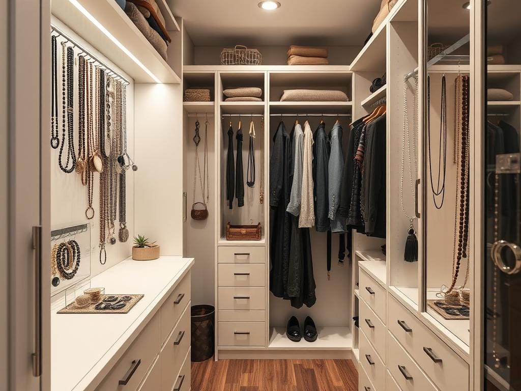 Гардеробная, Маленькая гардеробная — тоже шанс организовать украшения: крючки, полки, витрины.. Как оформить пространство: немного о планировке маленькой гардеробной https://dev.garderobmaster.ru/