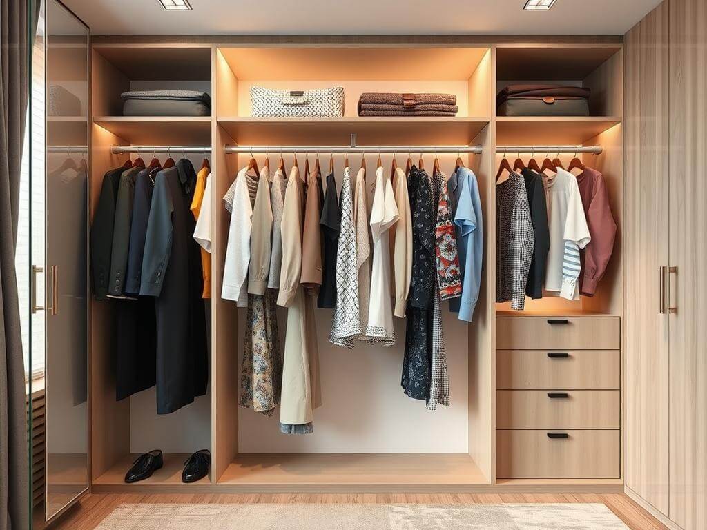 Гардеробная, в ней Одежда, лишённая пространства, теряет свою ценность. Сводка преимуществ гардеробной системы