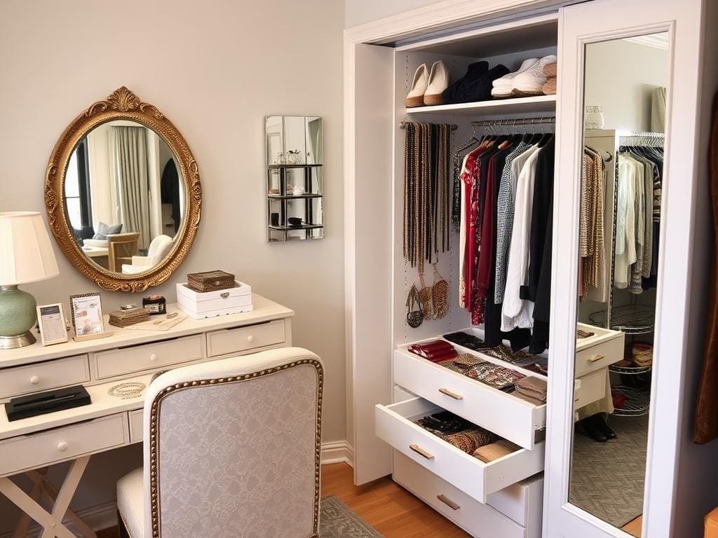 Гардеробная, Украшения путаются, серёжки теряются. Храните в мягких шкатулках или зонированных ящиках. Отдельно золото, отдельно серебро.. Вывод из всех наблюдений: порядок не требует усилий, если система построена правильно