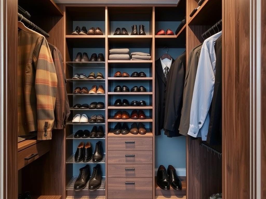 Гардеробная, Хранение мужской обуви — статус и удобство. Правильные рейлинги, сетки продлят жизнь обуви.. Почему важно выбирать гардеробную на заказ
