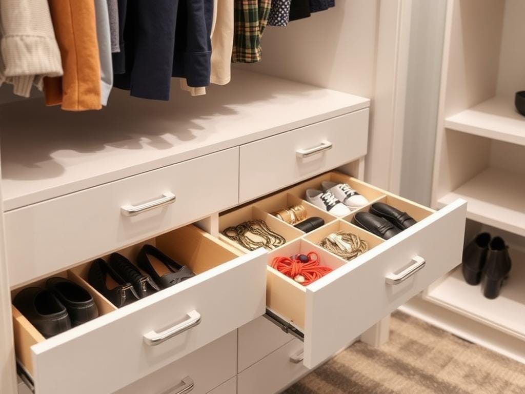 Гардеробная, Вещи теряются в ящиках? Выдвижные конструкции с разделителями — спасение для мелочей: белья, украшений, шнурков.. Гардеробная в современном доме: не просто место для хранения, а источник комфорта Гардеробная