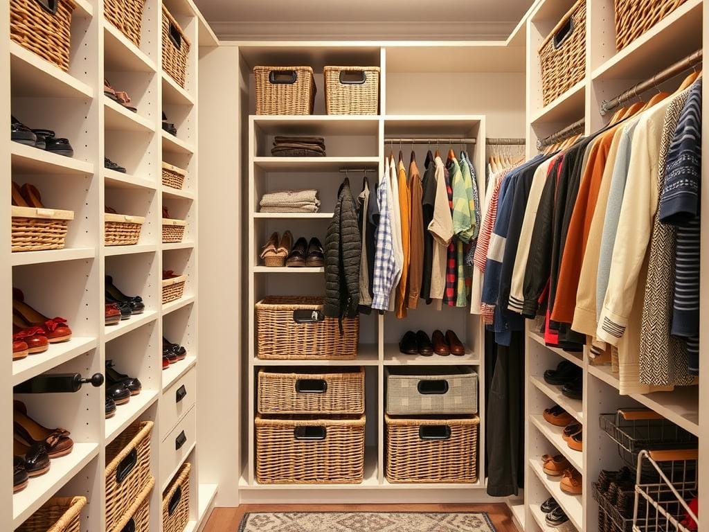 Гардеробная, Корзины для обуви, вещей, аксессуаров. Можно размещать на полках и стеллажах.. Двери в гардеробную: дополнение к системе хранения