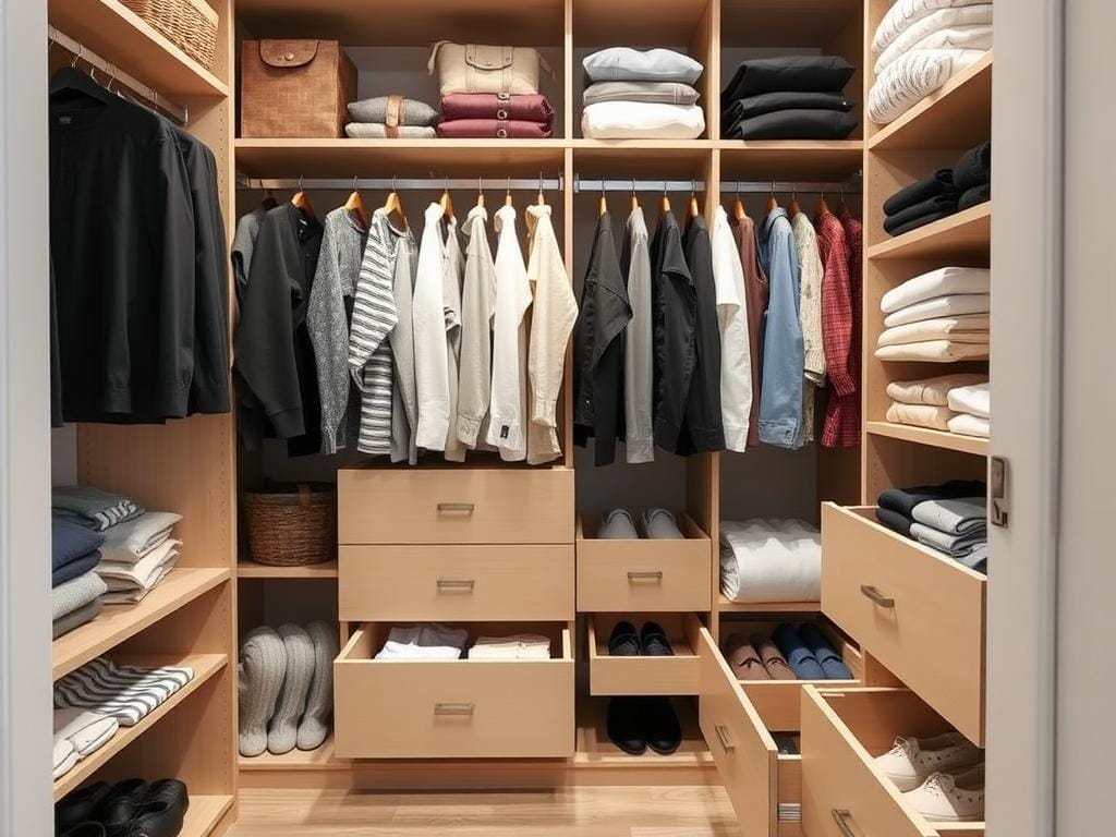 Гардеробная, Нижнее бельё делите по категориям, храните в ящиках с разделителями.. Как сделать гардеробную максимально удобной: советы по размеру и функционалу