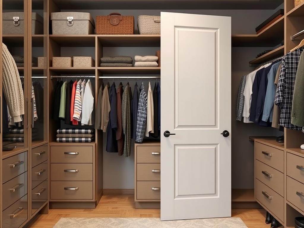 Гардеробная, в ней Одна вещь без места — и вы тратите 5 минут на всё утро. Как выбрать идеальную дверь в гардеробную? Гардеробная