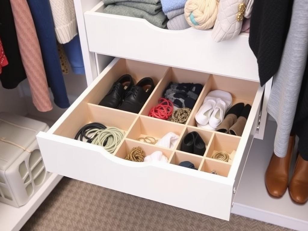 Гардеробная, Вещи теряются в ящиках? Выдвижные конструкции с разделителями — спасение для мелочей: белья, украшений, шнурков.. Лайфхак №1: выдвижные ящики с разделителями из силикона и дерева Гардеробная