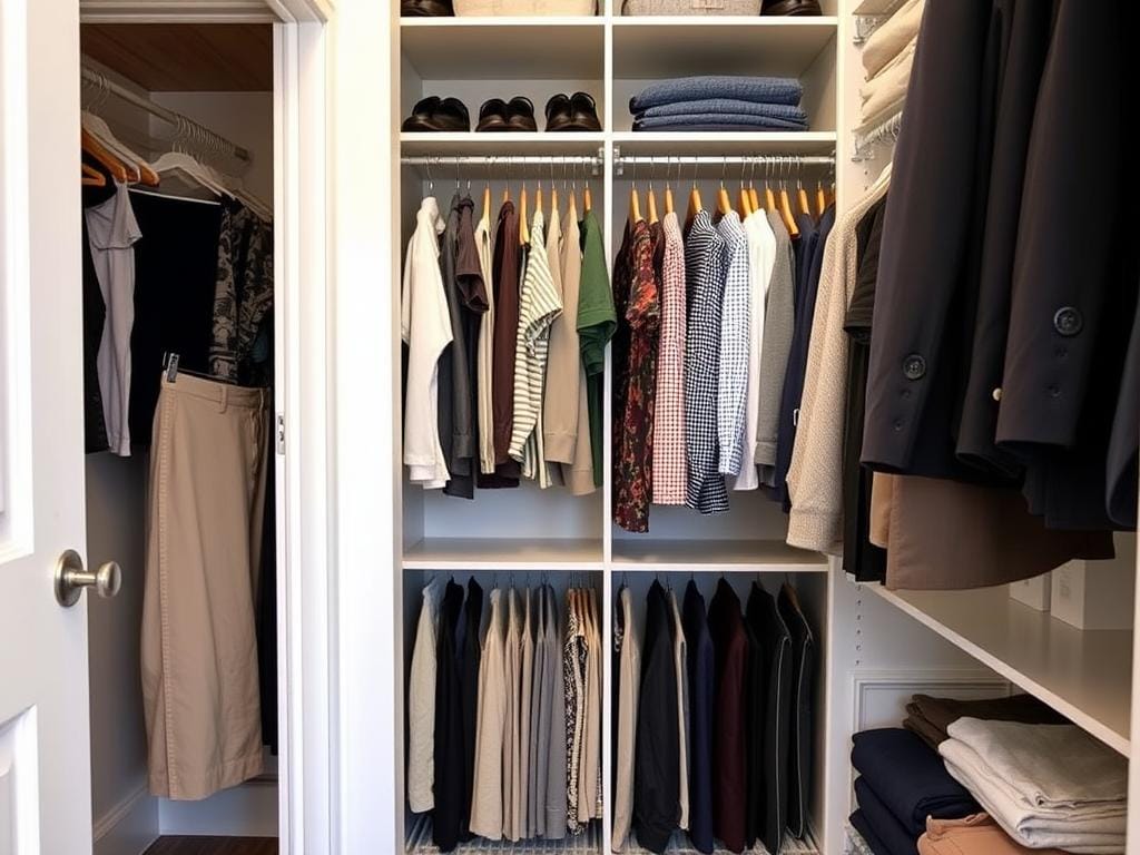 Гардеробная, Хранение брюк: на вешалках с зажимами или выдвижных полках со штангами.. Заключение