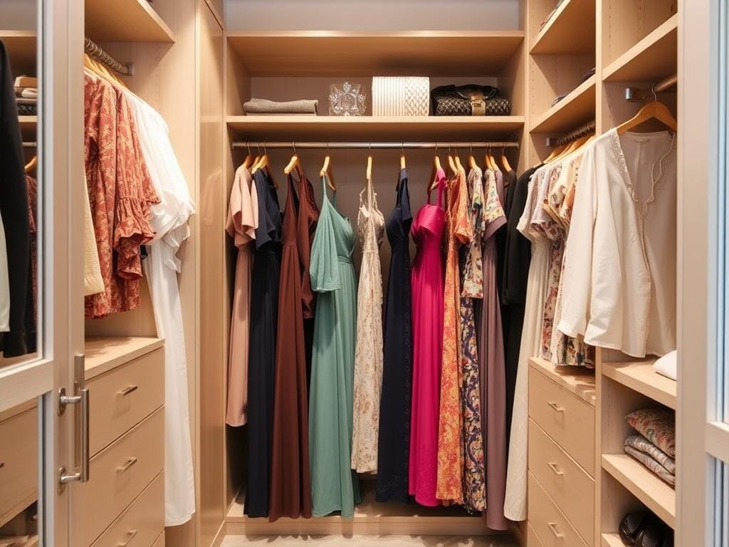 Гардеробная, Платья требуют деликатного хранения на мягких плечиках в отдельных секциях.. Специальные секции и их роль в проекте гардеробной