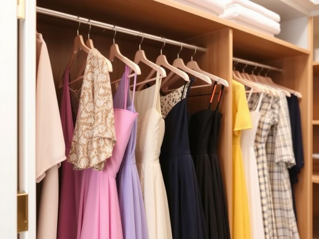 Гардеробная, Платья требуют деликатного хранения на мягких плечиках в отдельных секциях.. Секреты выбора вешалок для платьев в гардеробной на заказ