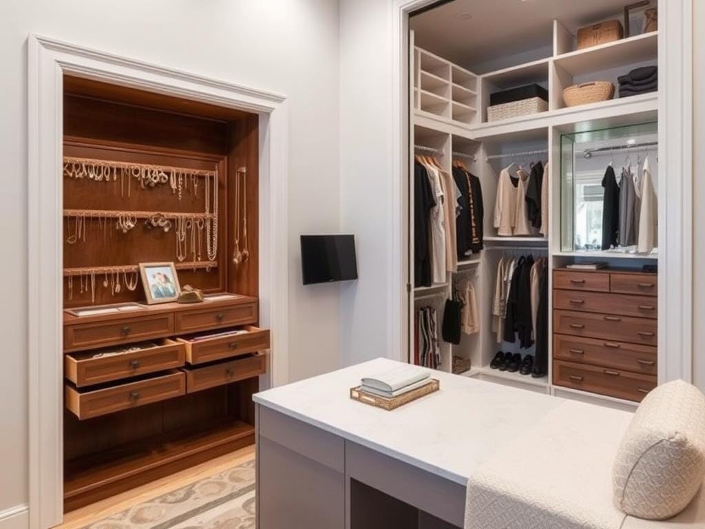 Гардеробная, Хранение украшений в гардеробной: витрины, ящички, держатели. Удобство и эстетика.. Гардеробная на заказ: как сделать её уникальной и функциональной для хранения украшений