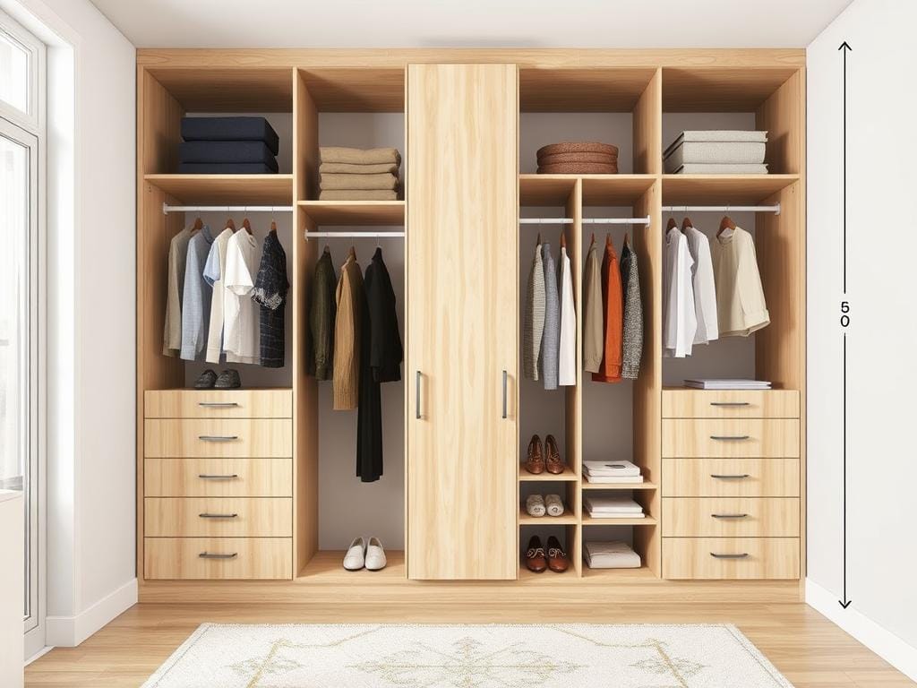 Гардеробная, Размеры шкафа: учёт ЛДСП 28002070 мм, важны цельные детали без стыков.. Полезный лайфхак: как выбрать оптимальные размеры гардеробной системы