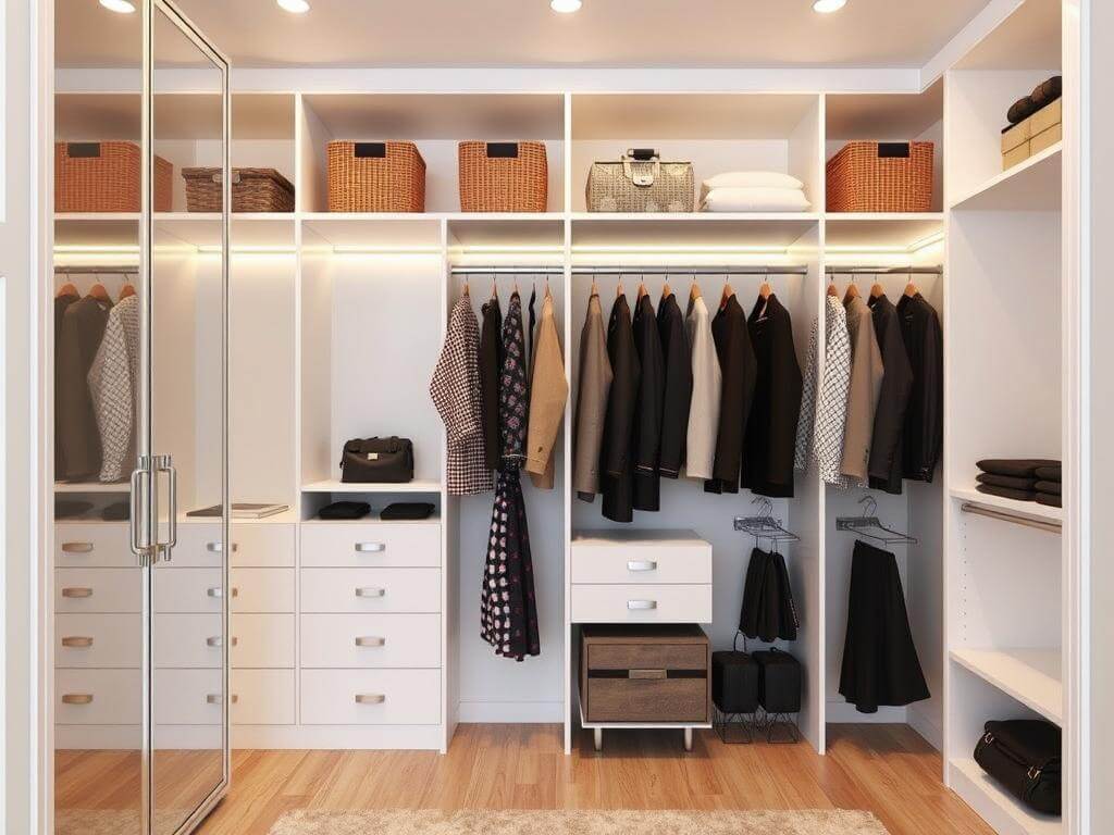 Гардеробная, в ней Хорошая система хранения — это когда вы вообще не думаете о ней. В таблице ниже пример некоторых вариантов наполняемости гардеробной системы