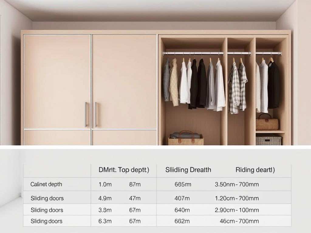 Оптимальная глубина шкафа: 650–700 мм для раздвижных и 600 мм для распашных дверей. Примерная таблица глубин для разных гардеробных систем: