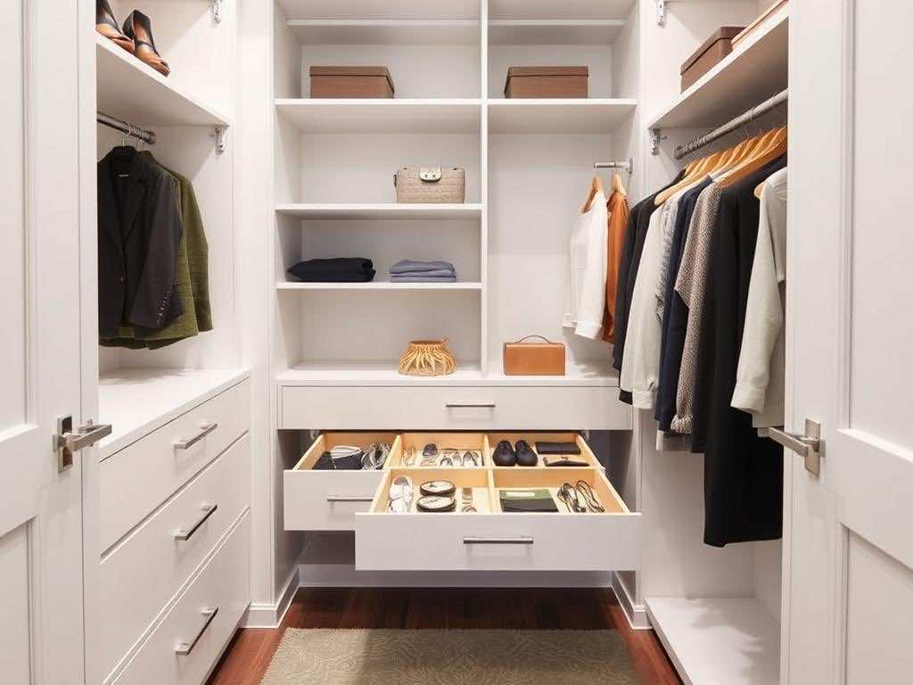 Гардеробная: выдвижные ящики для оптимального хранения мелочей и аксессуаров.. Гардеробная комната как пространство, где мелочи не теряются