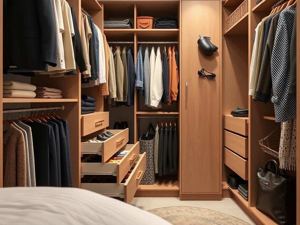 Гардеробная: выдвижные ящики для оптимального хранения мелочей и аксессуаров.. Гардеробная в спальне и организация повседневных аксессуаров
