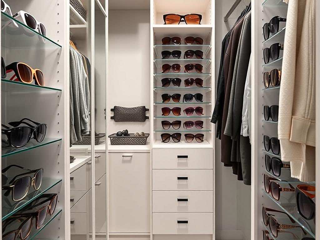 Гардеробная: стильное хранение коллекции солнечных очков. Маленькая гардеробная: максимум пользы