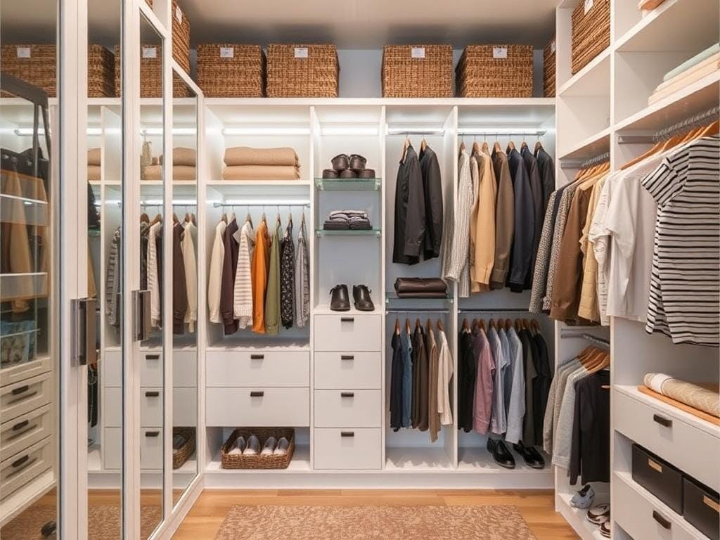 Основная тема статьи гардеробная комната, главный вопрос: Гардеробная, в ней Вещи, к которым удобно тянуться — используются чаще. Маленькое пространство — большие решения