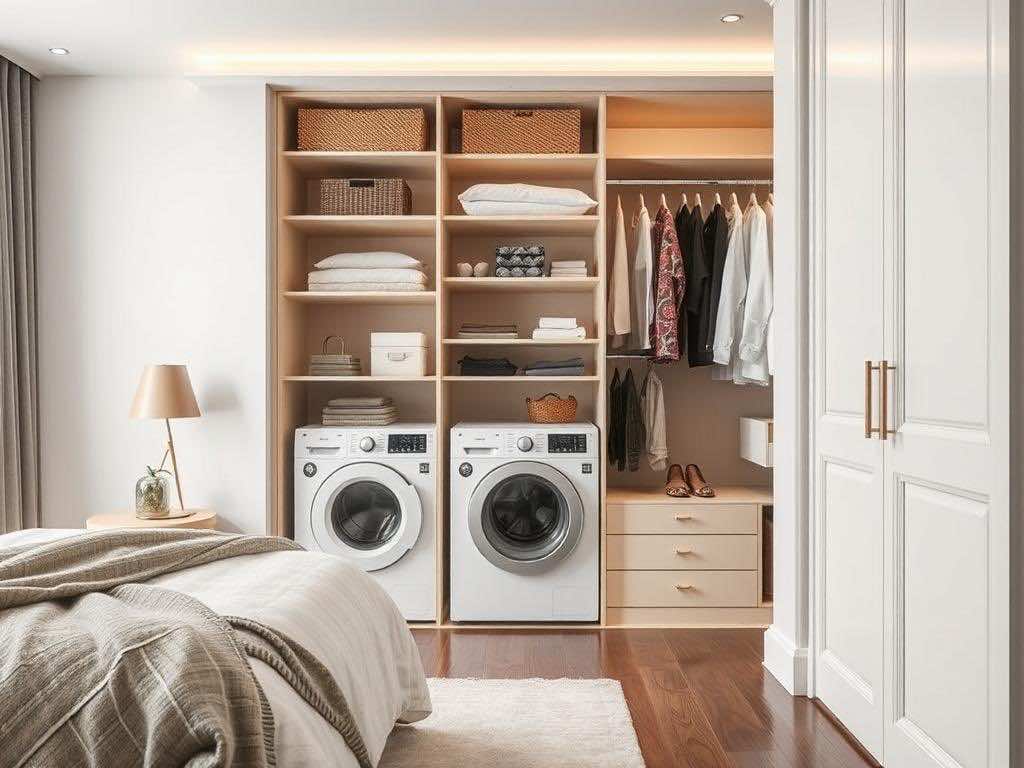 Гардеробная: стильные решения для скрытой стирки и сушки техники. Гардеробная в спальне: диалог гармонии и практичности