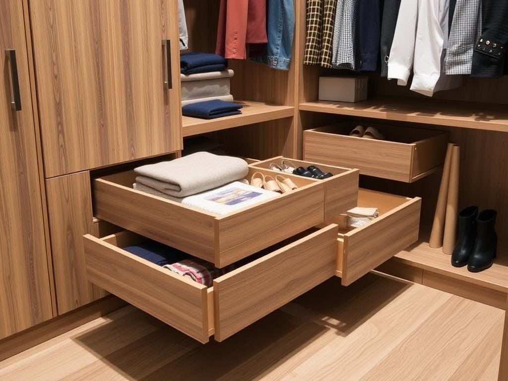 Удобное хранение: распределите вещи по выдвижным ящикам в гардеробной!. Плюсы выдвижных ящиков в гардеробной комнате