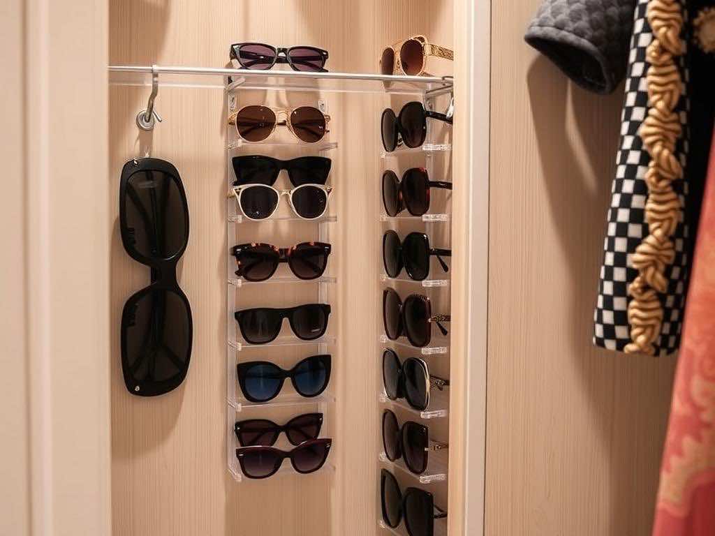 Гардеробная: стильное хранение коллекции солнечных очков. Отдельное место — особому аксессуару