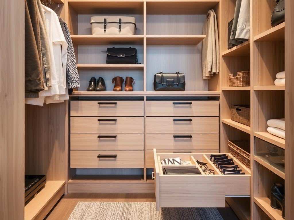Гардеробная: выдвижные ящики для оптимального хранения мелочей и аксессуаров.. Монтаж и материалы: о чём не задумываются, но важно знать