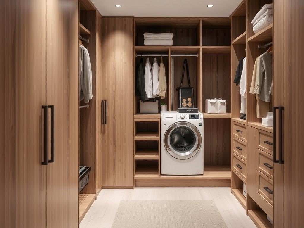 Гардеробная: стильные решения для скрытой стирки и сушки техники. В пространстве, где тишина говорит о заботе