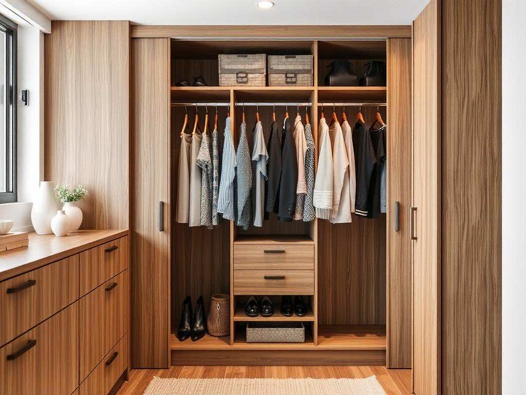 Оптимальная глубина шкафа: 650–700 мм для раздвижных и 600 мм для распашных дверей. Гардеробная с распашными дверями: 600 мм — золотой стандарт