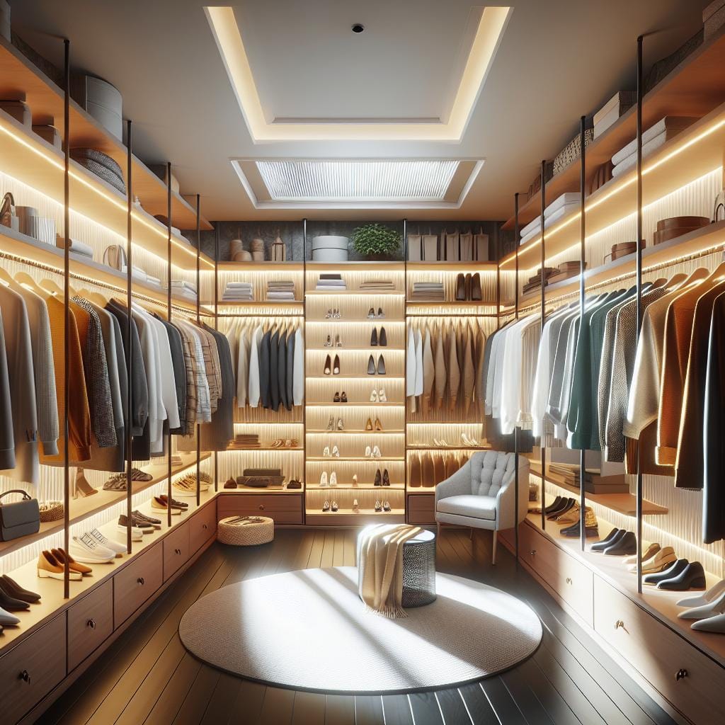 The lighting in the walk-in closet functions not just as a cozy element, but solves many tasks: a properly selected LED creates an accent on the chosen clothing without distorting colors. This is convenient both for selecting outfits and for preserving the fabrics.фото