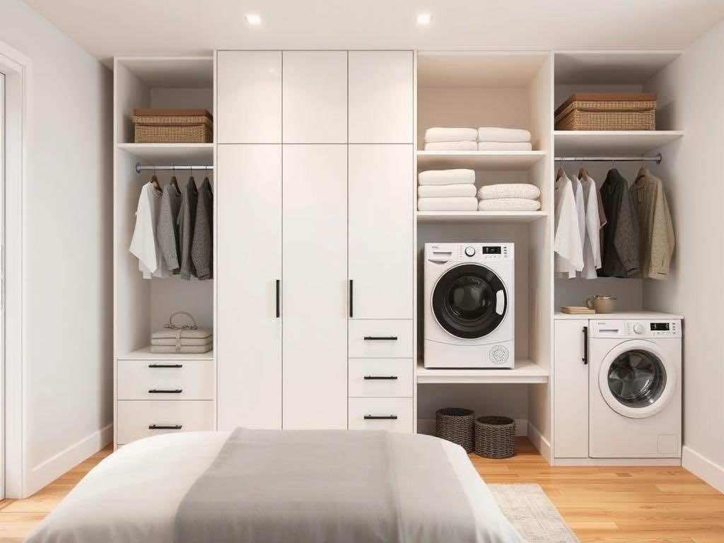 Гардеробная: стильные решения для скрытой стирки и сушки техники. Таблица совмещенных вариантов “спальня-гардеробная”