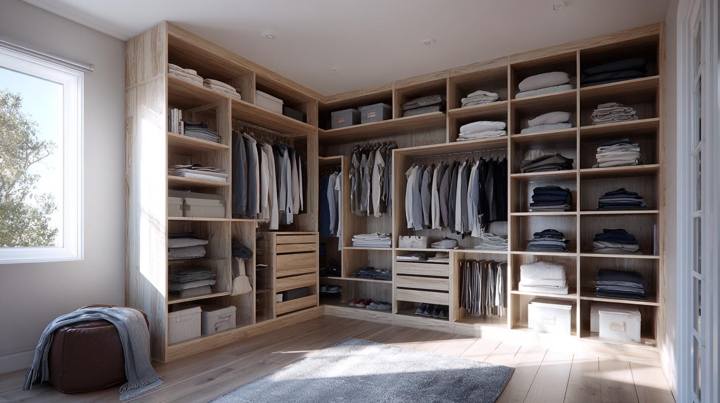 L-образные гардеробные: оптимизация пространства.Как L-образная конфигурация помогает максимально использовать угловое пространство. Примеры планировок и дизайнов.. Когда угол — не тупик: как L-образная гардеробная перестраивает ваши сценарии