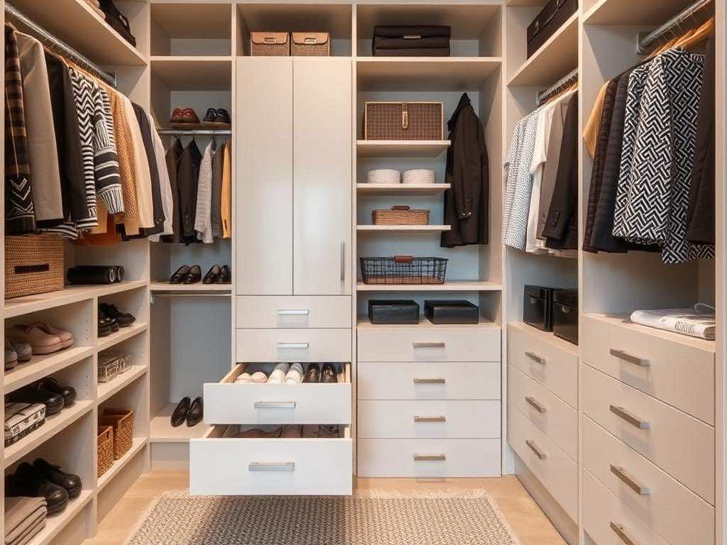 Гардеробная: выдвижные ящики для оптимального хранения мелочей и аксессуаров.. Дизайн гардеробной и эстетика упорядоченного пространства