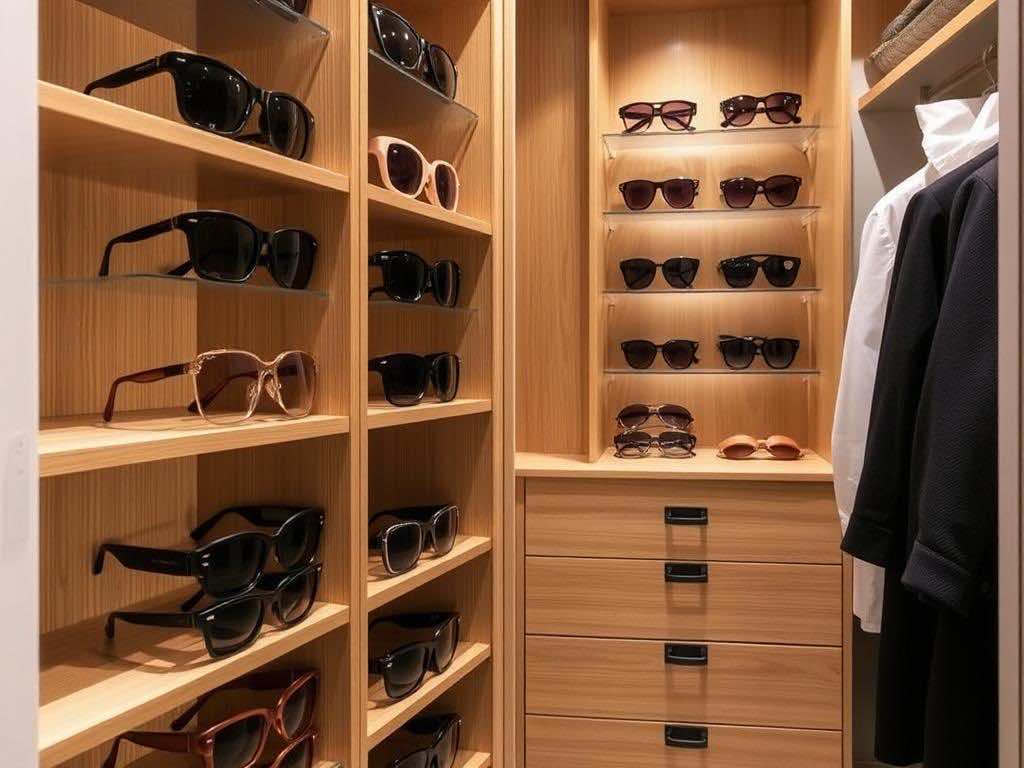Гардеробная: стильное хранение коллекции солнечных очков. Дизайн гардеробной: спокойствие и легкость в каждом элементе