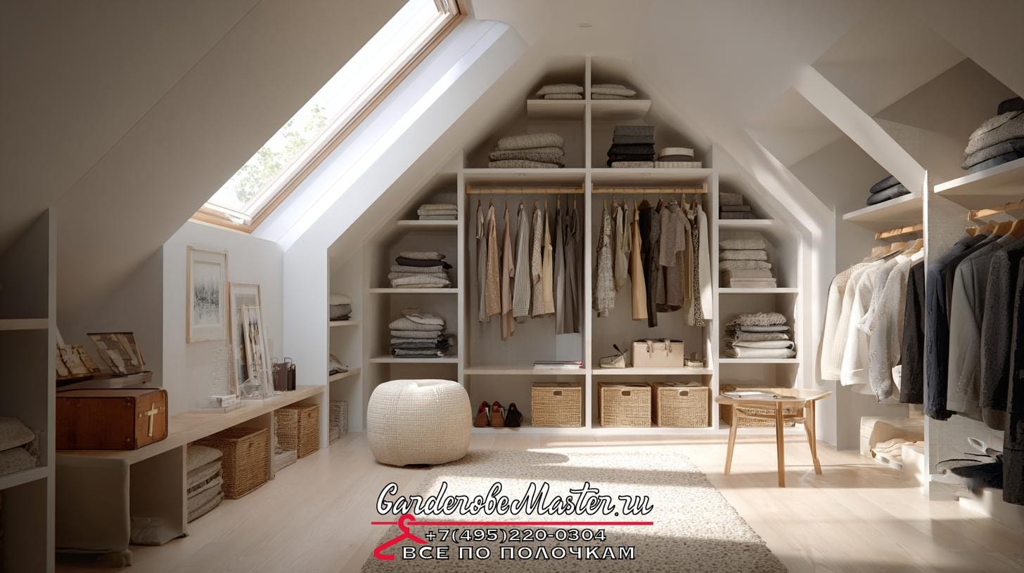 Гардеробная система в мансарде ➜ боль клиента: боится, что из-за скоса потолка всё будет нефункционально ➜ заголовок статьи: Гардеробная комната в мансарде: как обыграть наклонный потолок и не потерять место. Реальные сценарии и неожиданные приёмы гардеробная на мансарде