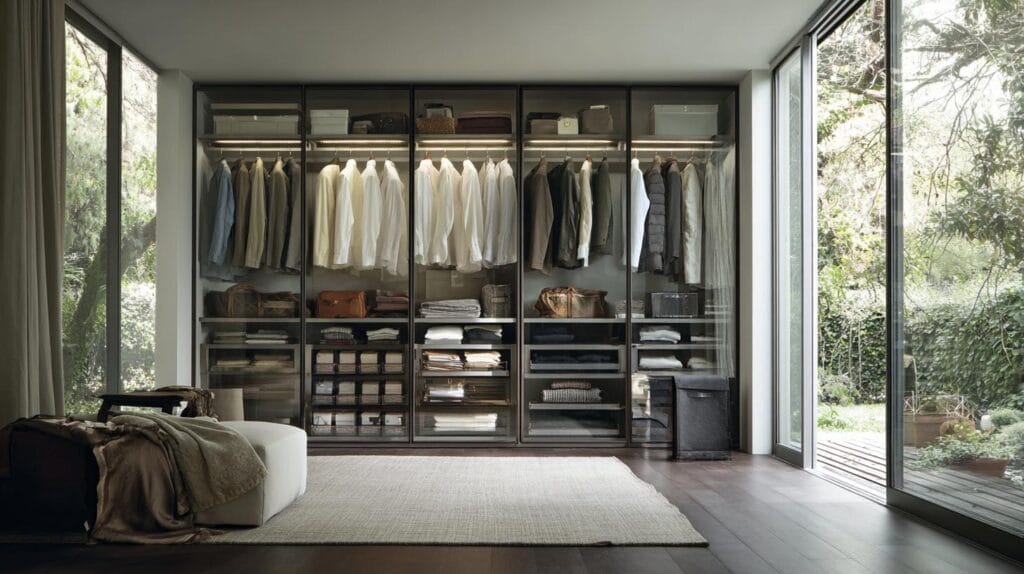 Современная гардеробная система с раздвижными дверями, шкафами и стеллажами на заказ в интерьере спальни.