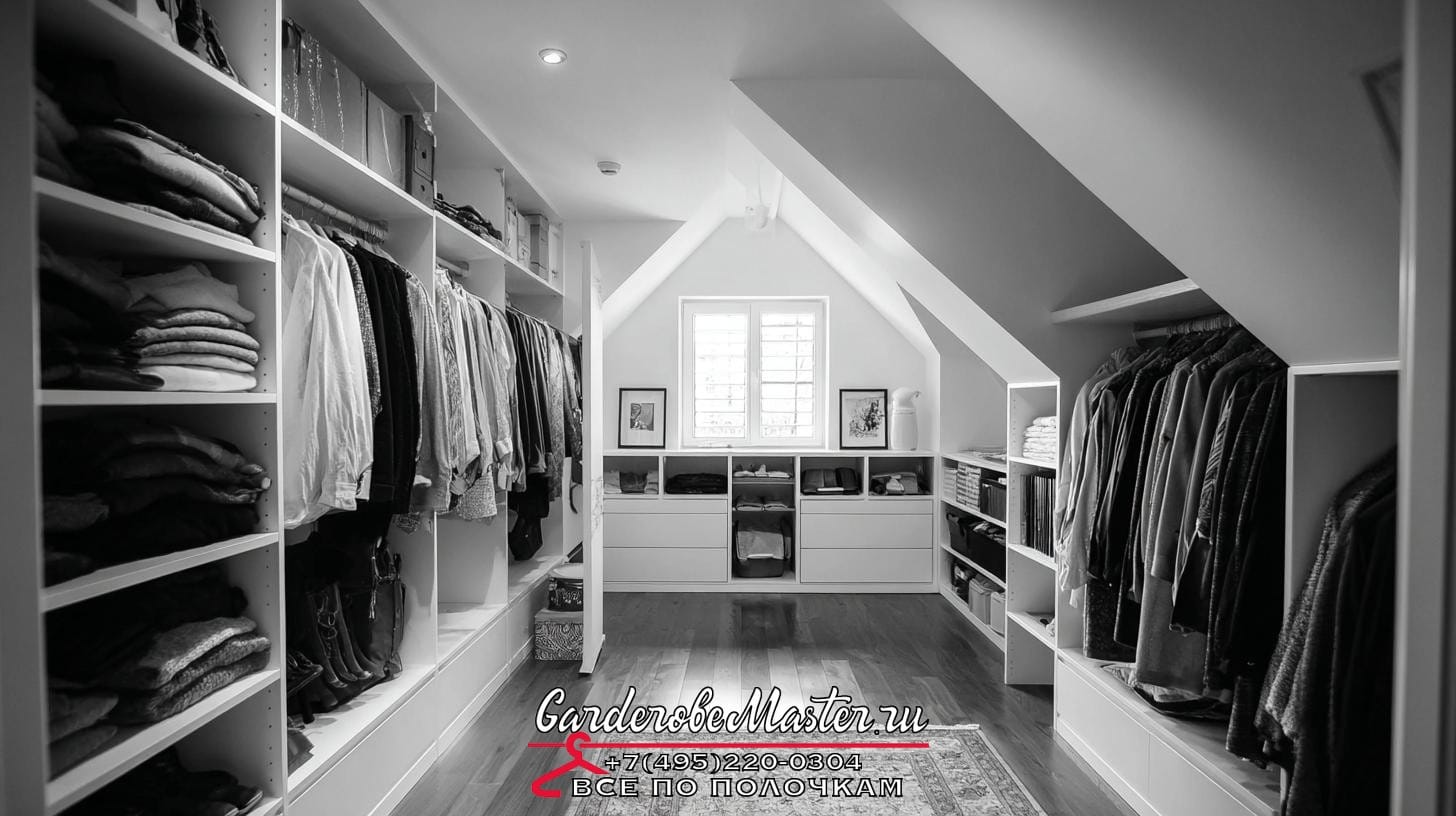 Гардеробная система в мансарде ➜ боль клиента: боится, что из-за скоса потолка всё будет нефункционально ➜ заголовок статьи: Гардеробная комната в мансарде: как обыграть наклонный потолок и не потерять место. Простая логика: пространство с характером гардеробная на мансарде