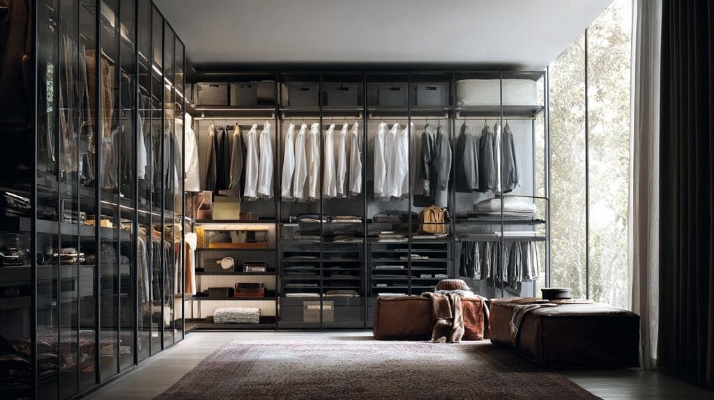 Современная гардеробная комната на заказ с раздвижными дверями, системой хранения Titan. Идеальный проект для вашей спальни.