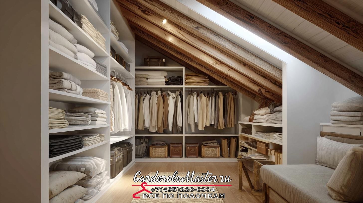 Гардеробная система в мансарде ➜ боль клиента: боится, что из-за скоса потолка всё будет нефункционально ➜ заголовок статьи: Гардеробная комната в мансарде: как обыграть наклонный потолок и не потерять место. Риск промахнуться с удобством: сценарии, которые никто не любит гардеробная на мансарде