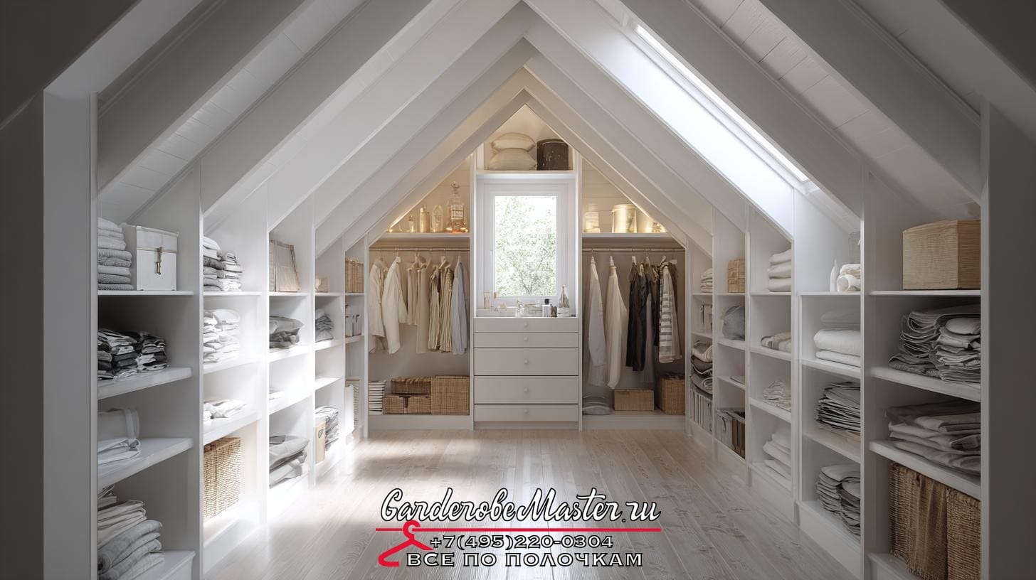 Гардеробная система в мансарде ➜ боль клиента: боится, что из-за скоса потолка всё будет нефункционально ➜ заголовок статьи: Гардеробная комната в мансарде: как обыграть наклонный потолок и не потерять место. Как создаём гардеробные, где даже потолок работает на хозяина гардеробная на мансарде