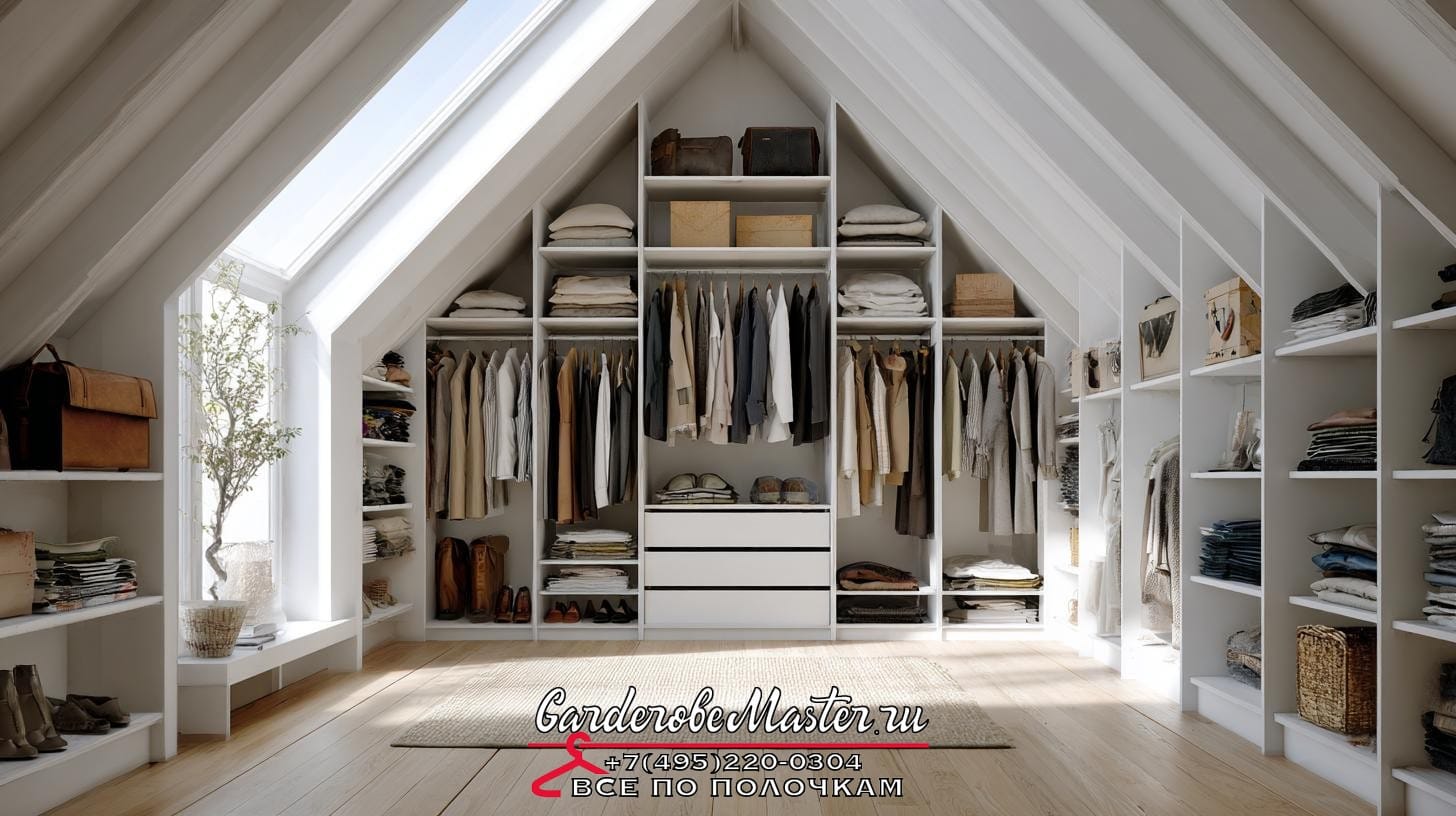 Гардеробная система в мансарде ➜ боль клиента: боится, что из-за скоса потолка всё будет нефункционально ➜ заголовок статьи: Гардеробная комната в мансарде: как обыграть наклонный потолок и не потерять место. Однажды утром на чердаке гардеробная на мансарде