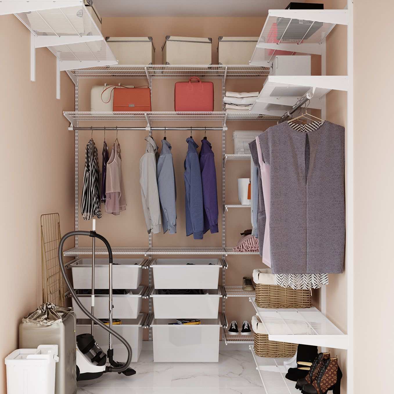 П-образная гардеробная с сетчатыми полками и корзинами — установка за 3 дня