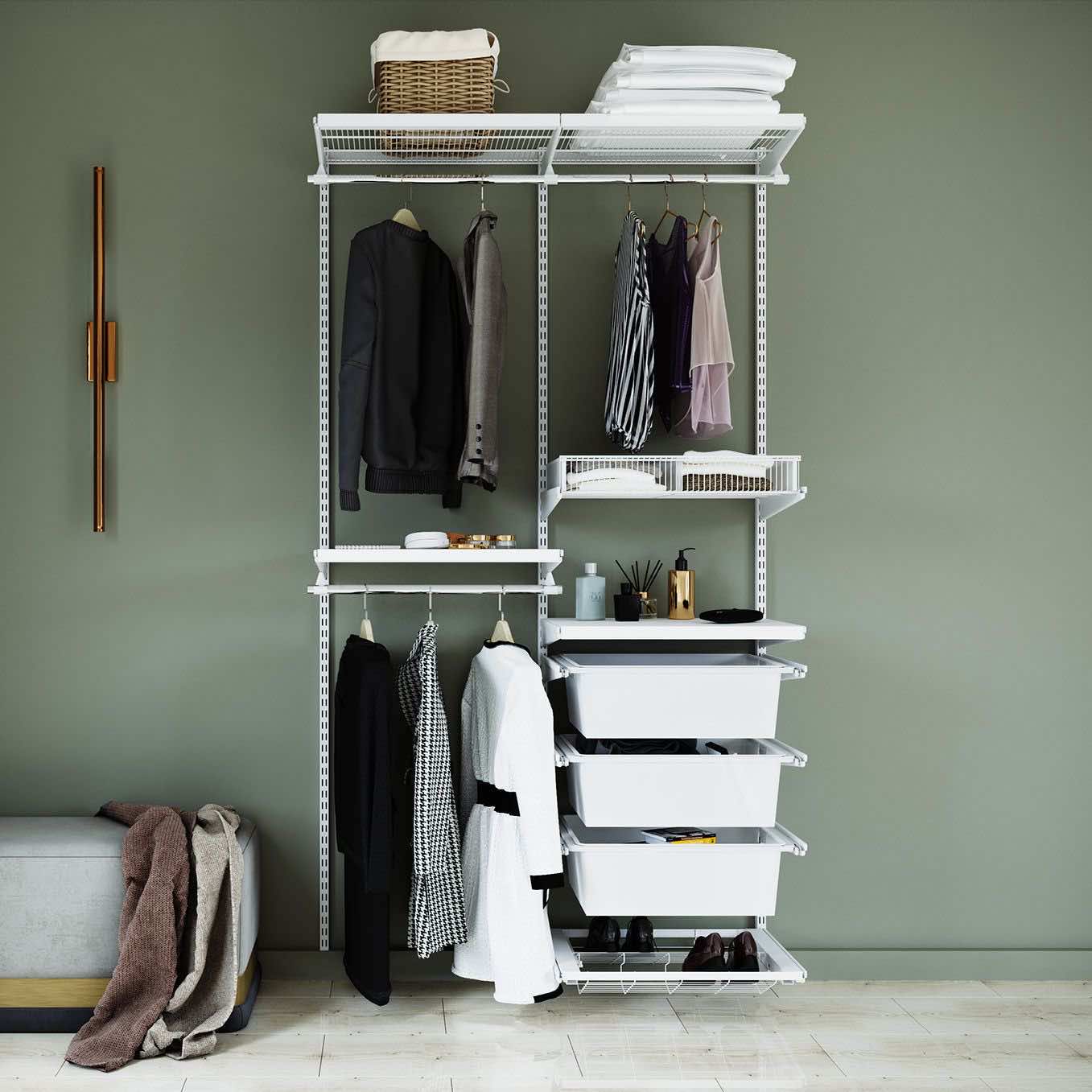 Гардеробная ARISTO в белом декоре — стильная система с деревянными элементами