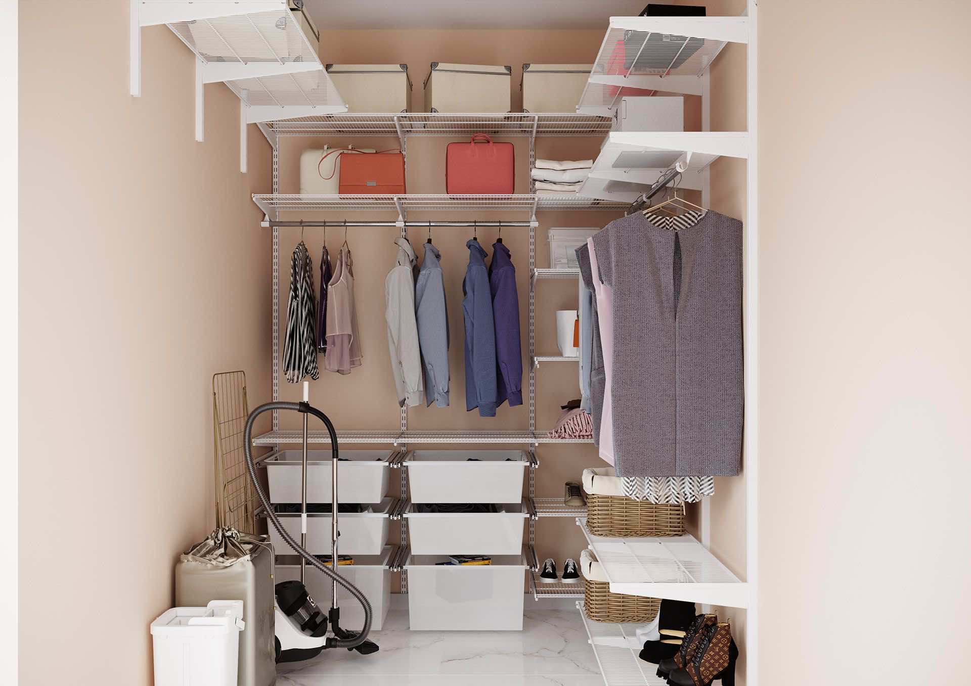 П-образная гардеробная с сетчатыми полками и корзинами — установка за 3 дня