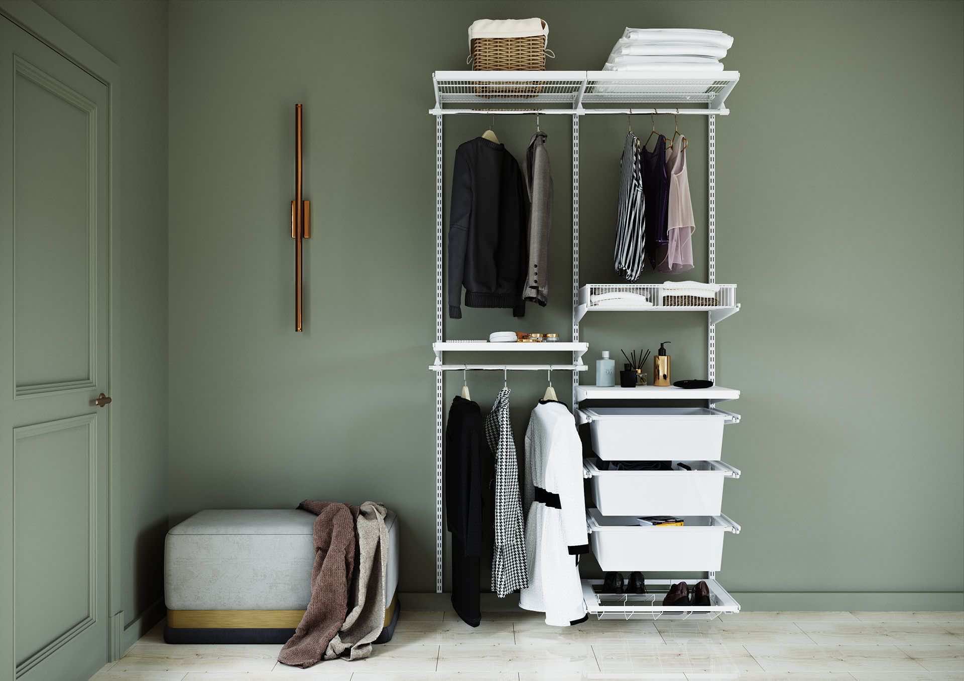 Гардеробная ARISTO в белом декоре — стильная система с деревянными элементами