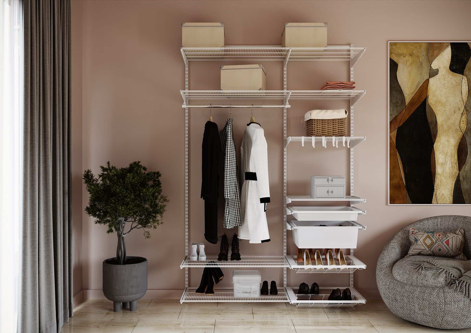 Система хранения ARISTO 158×45×240 для гостиной — лёгкая конструкция с корзинами