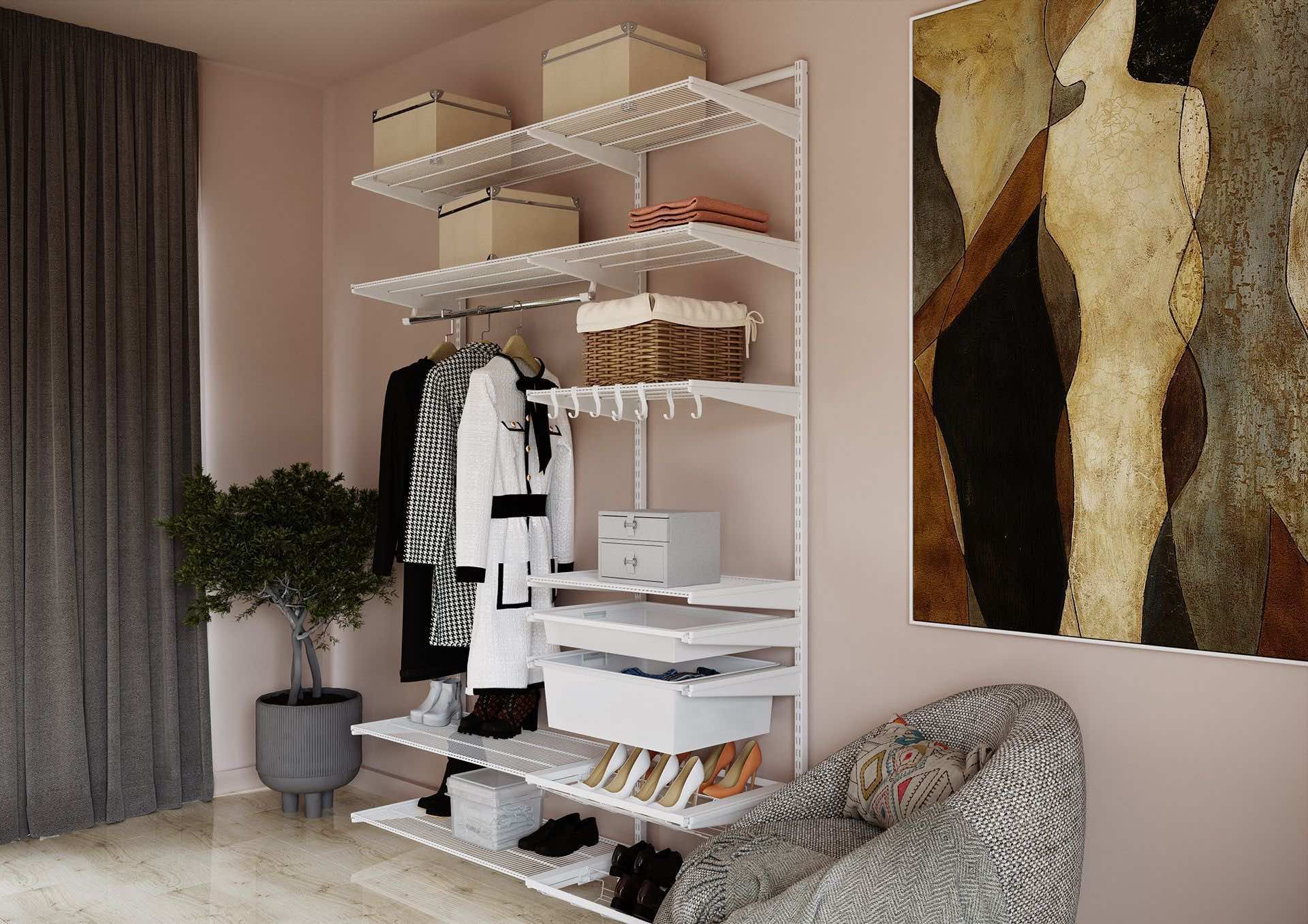 Система хранения ARISTO 158×45×240 для гостиной — лёгкая конструкция с корзинами