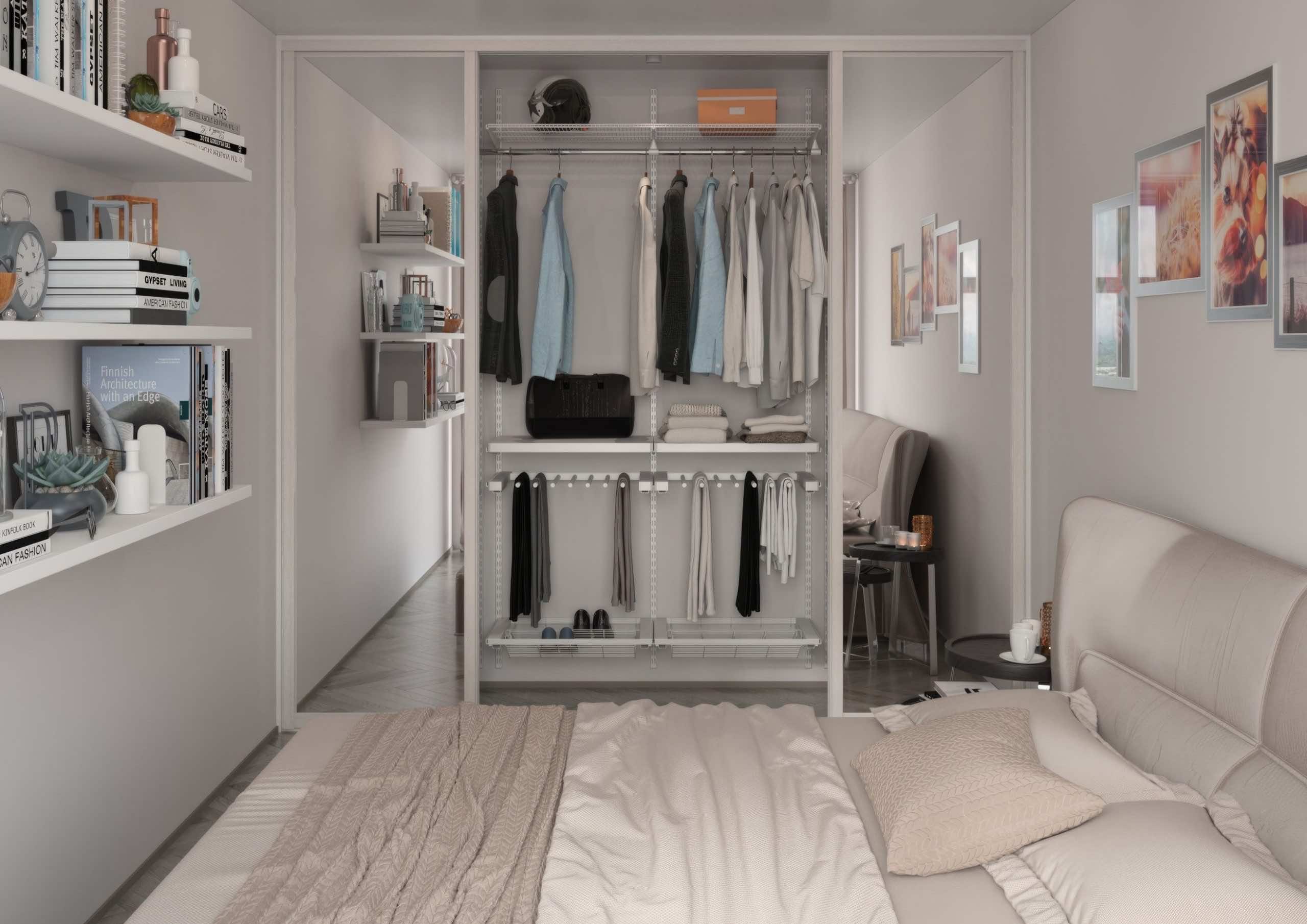 Белая гардеробная в спальне — универсальное светлое решение для хранения
